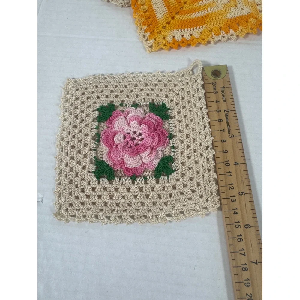 Handmade Vintage Crochet Pot Holders Set 7 Multicolor Floral Granny Square